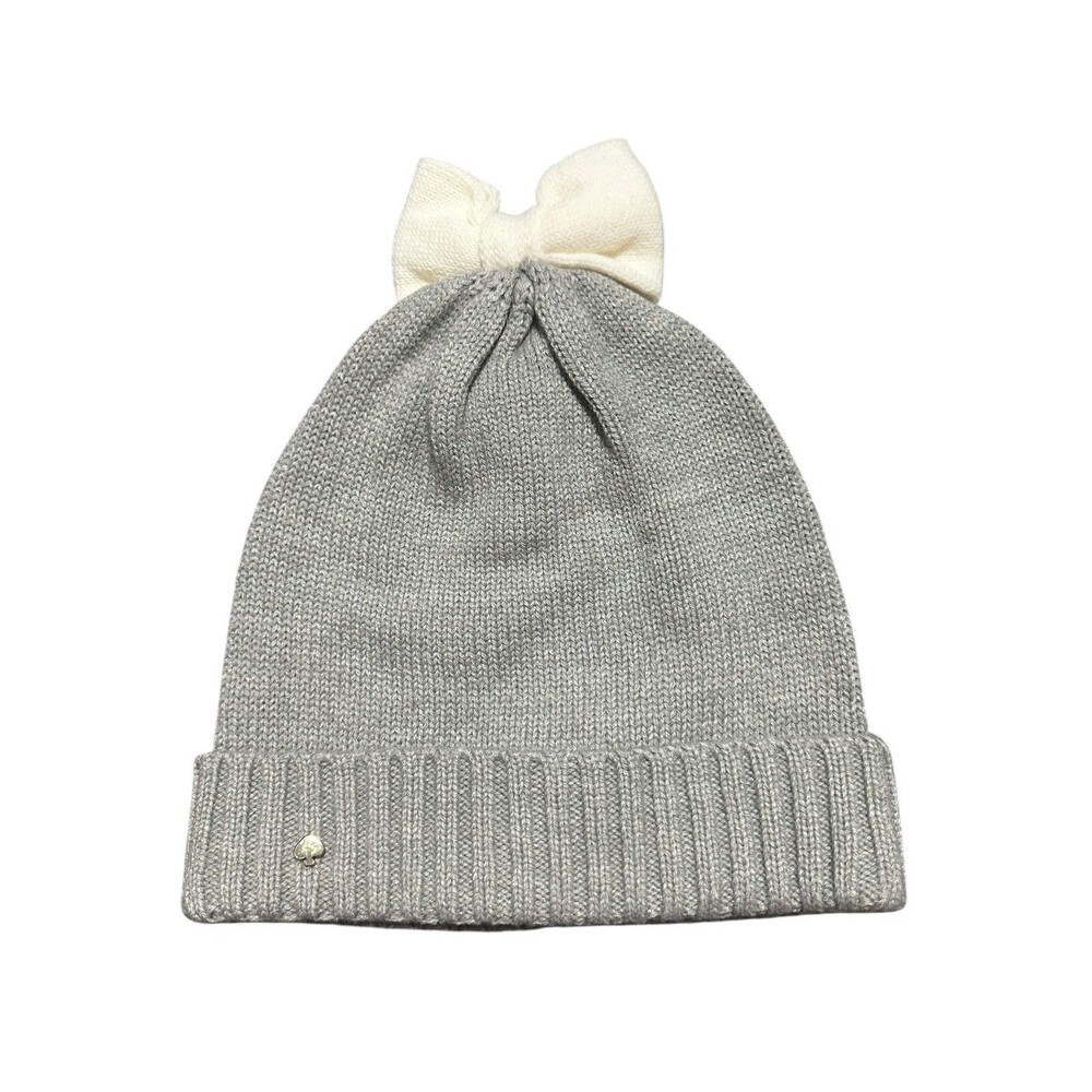 Kate Spade Winter Knit Hat Colorblock Bow Beanie Gray White Bow One Size